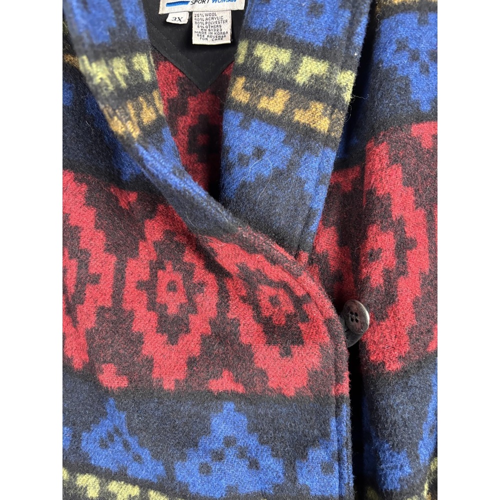 Vintage Chaus Cardigan Coat Womens 3X Wool Blend Wrap Belted Aztec Geometric 90s - Picture 12 of 15